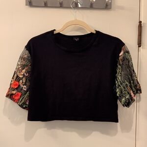 Black Crop Top With Sheer Embroidered Sleeves
